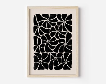 Abstrakt blomväggkonst, retro blomväggkonst, svart och beige blommig väggdekor, bohemisk utskrivbar väggkonst, digital utskrivbar botanisk konst
