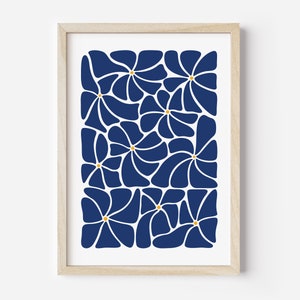 Arte astratta della parete dei fiori, Arte della parete dei fiori retrò, Decorazione della parete floreale blu indaco, Arte della parete stampabile Boho, Arte botanica stampabile blu navy