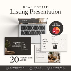 Könnte beinhalten: Eine digitale Immobilien-Präsentationsvorlage mit 20 professionellen Folien. Das Display zeigt einen Laptop mit einer Folie mit der Überschrift Listing Presentation sowie ausgedruckte Folien mit Marktübersichten, Kundenbewertungen und Kommunikationsplänen.