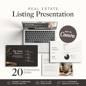 May include: A digital real estate listing presentation template featuring 20 professional slides. The display shows a laptop with a presentation, a market snapshot chart, and a slide titled Why Clients Choose Us. Includes an Edit in Canva badge.