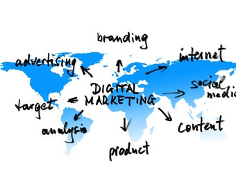 Puede incluir: Un mapa del mundo azul con texto manuscrito negro y flechas que ilustran el marketing digital. Las palabras clave incluyen publicidad, branding, internet, redes sociales, contenido y producto.