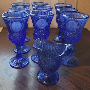 Vintage Avon Cobalt Blue Glass Goblets and Fostoria Pitcher   VAG-10