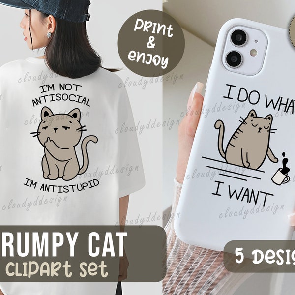 Grumpy Cat Clipart ,COMMERCIAL USE ,sublimation, DTF, Anti social , funny cat , Cat clipart, Cat Shirt Design, Anti social Shirt Design, png