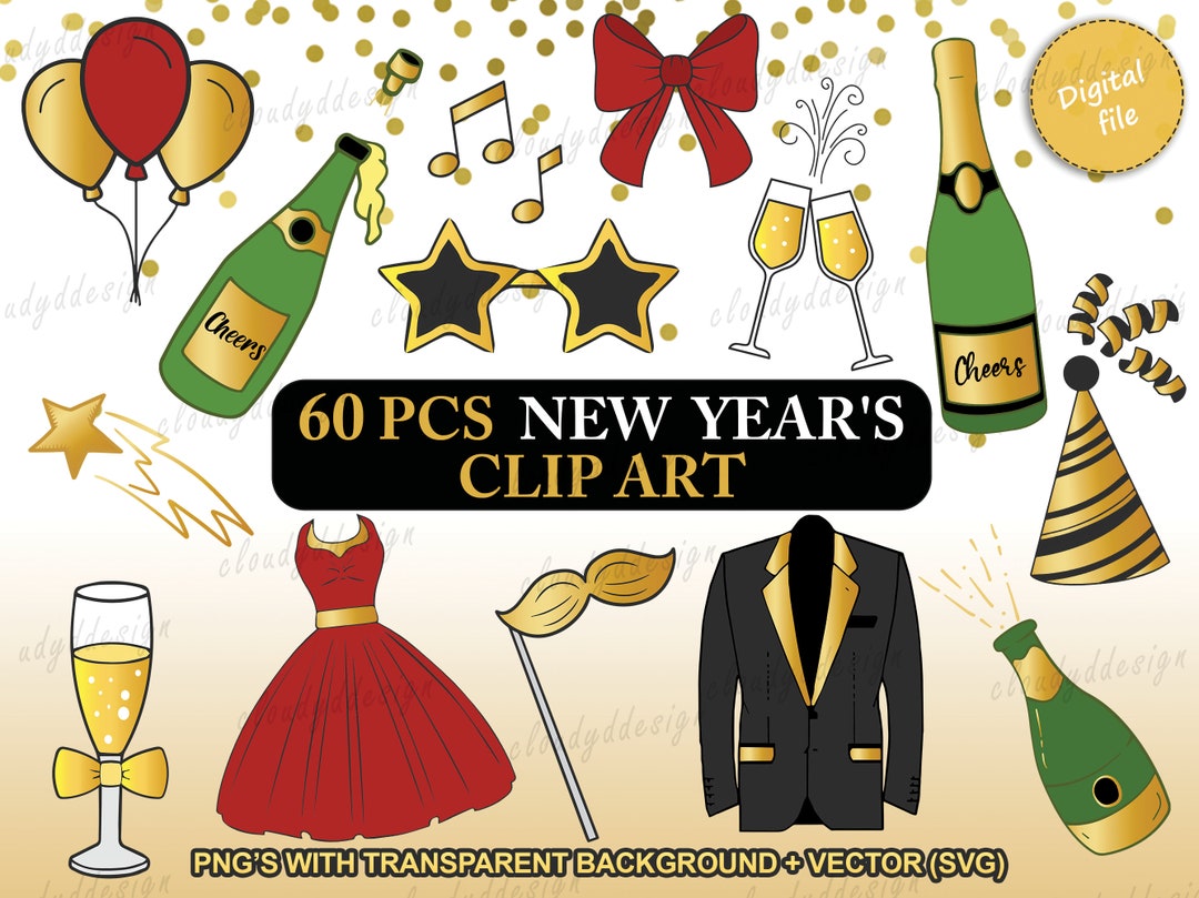 60pcs New Year's Celebration Clipart Set Fireworks, Bunting, Champagne