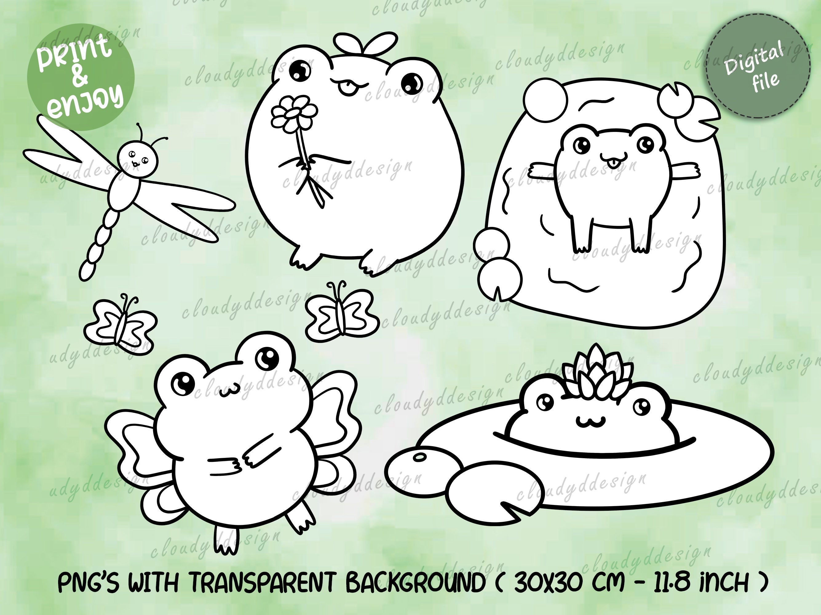 Cute Frog Clipart Set, PNG , DTF ,kawaii Frog Clipart ,frog Graphics