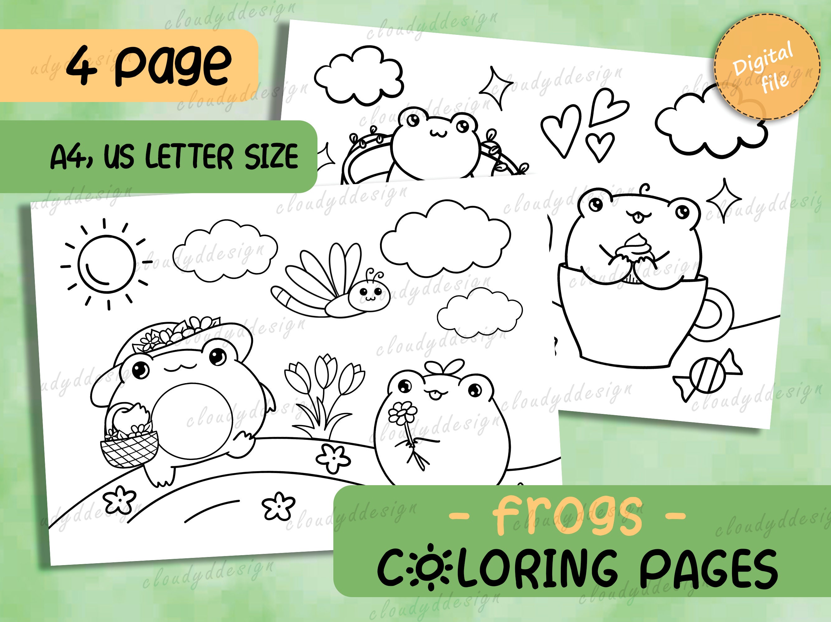 Kids Coloring Pages Printable PNG, Cute Kawaii Frogs Coloring for Kids ...