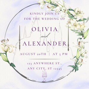Pode incluir: Convite de casamento com fundo em aquarela e uma grinalda floral de lírios brancos. O texto diz "Kindly join us for the wedding of Olivia and Alexander" com data, hora e endereço.