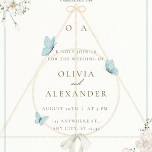 May include: A wedding invitation card featuring a central triangle and circle geometric design, light blue butterflies, and white floral accents. Text includes: Magic brought them together, Olivia and Alexander, August 20th at 5 PM, 123 Anywhere St.