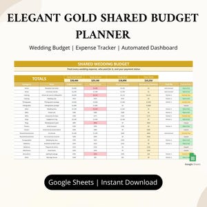 May include: A digital shared wedding budget planner spreadsheet with gold headers. The text reads ELEGANT GOLD SHARED BUDGET PLANNER, Wedding Budget | Expense Tracker | Automated Dashboard, and Google Sheets | Instant Download. It displays financial data.