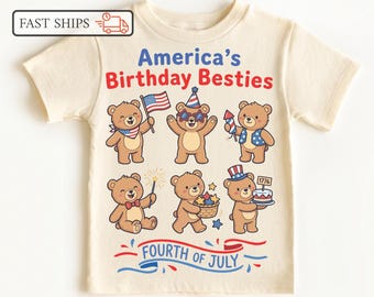 Americas Birthday Besties Kids Shirt, 4th Of July Toddler Tee, Patriotic Bear Baby Outfit, Fourth July Sibling Matching