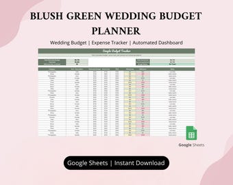 Planificador de presupuesto para bodas en color verde salvia rosado, registro de gastos de boda, hoja de cálculo para la lista de invitados, lista de verificación para bodas, plantilla de Excel y Google Sheets.