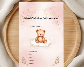 A Sweet Little Bear Is On The Way Invitation, Pink Teddy Bear Baby Shower, Editable Canva Template, Printable Girl Evite
