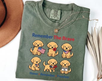 Comfort Colors Remember The Brave Golden Retriever Shirt, Memorial Day Dog Tee, Patriotic Puppy Mom Gift, Honor Freedom Top