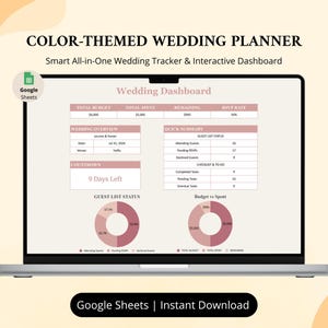 Op de afbeelding: Een laptopscherm met een kleurrijk trouwplanner-dashboard voor Google Sheets. De interface bevat een trouwdashboard met budgettrackers, gastenlijststatus, een aftelling van 9 dagen en interactieve grafieken in roze tinten.