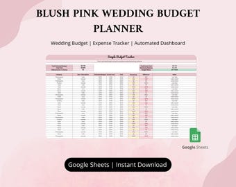 Blush Pink Wedding Budget Planner, Wedding Budget Tracker, Guest List, Wedding Checklist, Excel Google Sheets Wedding Template