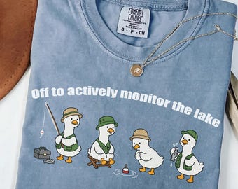Comfort Colors Off To Actively Monitor The Lake Shirt, Funny Fishing Squad Tee, Retro Fisherman Goose Top, Sarcastic Angler Gift