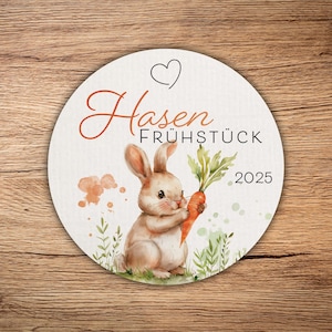 12 hochwertige "Hasenfrühstück" Etiketten , rund