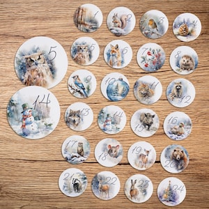 24 Adventskalender Aufkleber Zahlen, Tier- und Naturmotive, 4 cm, rund