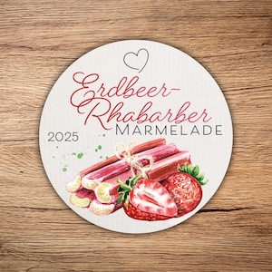 12 high-quality "Strawberry-Rhubarb Jam" labels, round