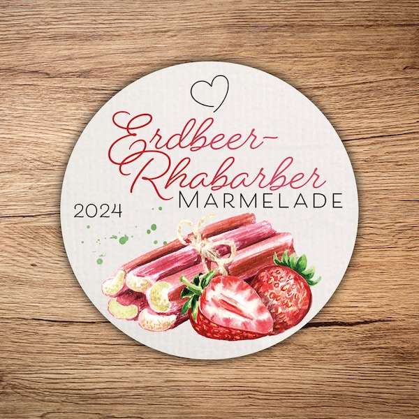 12 hochwertige Marmeladenetiketten Erdbeer-Rhabarber, rund aus edlem Strukturpapier, cremeweiß