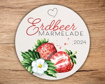 12 high-quality strawberry jam labels, round made of fine textured paper, cream white