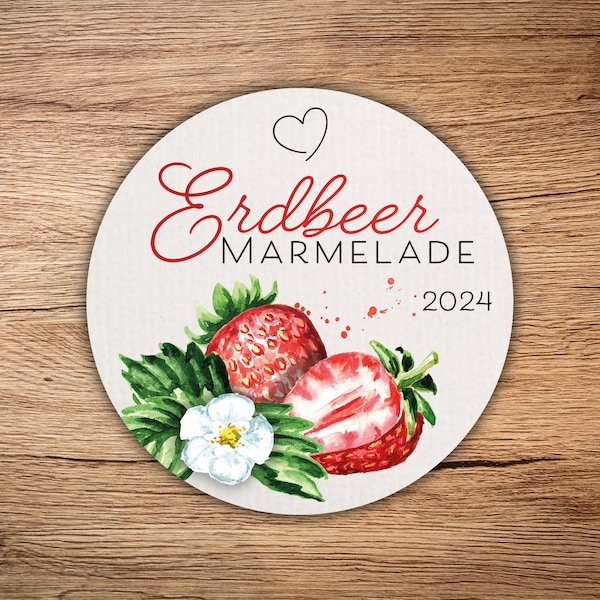 12 high-quality strawberry jam labels, round made of fine textured paper, cream white