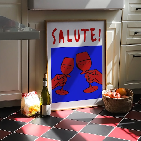 Salute! Wine Celebration, Digital Art Print, Italian Flashcard Series, One-Line Drawing, Kitchen Decor, Red Pop Art, Instant Download