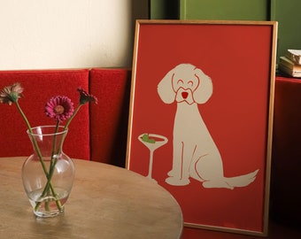 May include: A framed illustration of a white dog sitting with a martini glass on a red background. The frame is wooden and the dog has a red heart on its chest.