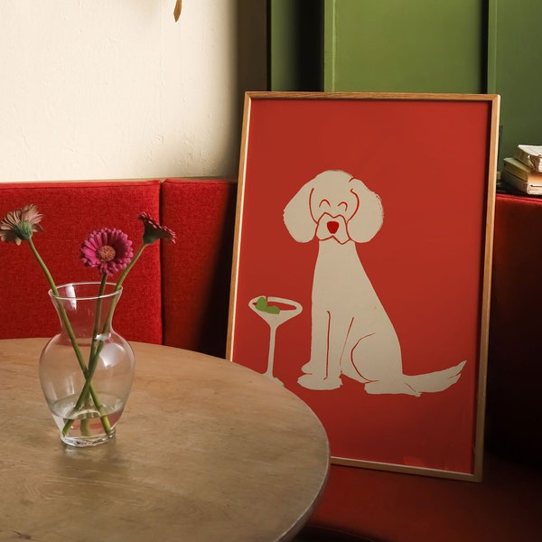 Red Dog with Martini, Digital Download, Red Risograph Art, Dog & Martini Wall Print, Bar Artwork, Dog Home Decor, Instant Download