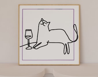 Black Cat with Wine One-Line Drawing, Trendy Wine Art, Minimal Style, Affordable Gift for Cat Lover, Printable Art, Digital Print