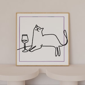 Black Cat with Wine One-Line Drawing, Trendy Wine Art, Minimal Style, Affordable Gift for Cat Lover, Printable Art, Digital Print