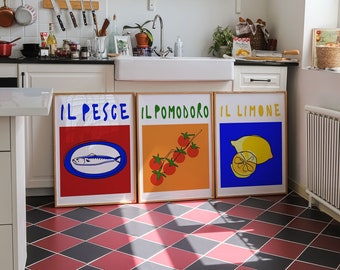 Italian Food Art Prints: Tomato, Lemon, Fish Pop Art (Digital Download)