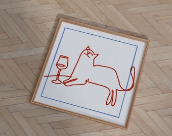 Orange Cat with Wine, One-Line Drawing, Minimal Style, Cat Art, Square Print, Instant Download, Digital Print