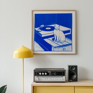 Katze und Vinyl, blau Risograph Kunst, Katze Kunst, Wand-Dekor, zeitgenössische Kunst, abstrakte Kunst, quadratischer Druck, Sofortiger Download, Digitaldruck