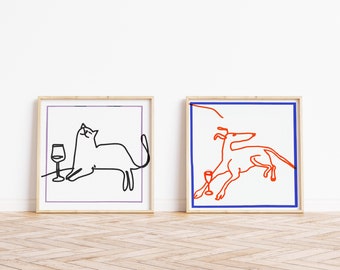 Zwarte kat en windhond met wijn, bundel met twee kunstwerken, trendy wijnwanddecor, minimalistische stijl, afdrukbare kunst, digitale download