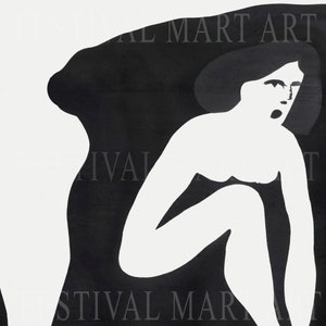 May include: Black and white illustration of a woman sitting with her legs bent. The woman is in a crouching position with her head turned to the side. The background is black.
