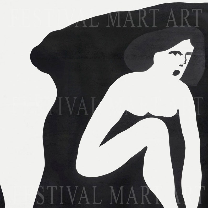 May include: Black and white illustration of a woman sitting with her legs bent. The woman is in a crouching position with her head turned to the side. The background is black.