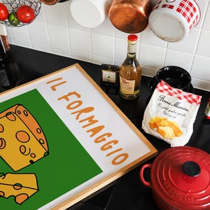 Impression d'art verticale IL FORMAGGIO, série de cartes mémoire italiennes, dessin de fromage sur une ligne, impression de cuisine, décoration de bar, pop-art vert orange, art culinaire