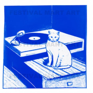May include: A white cat sits on a wooden box next to a vintage record player with a black vinyl record on the turntable. The background is a solid blue color.