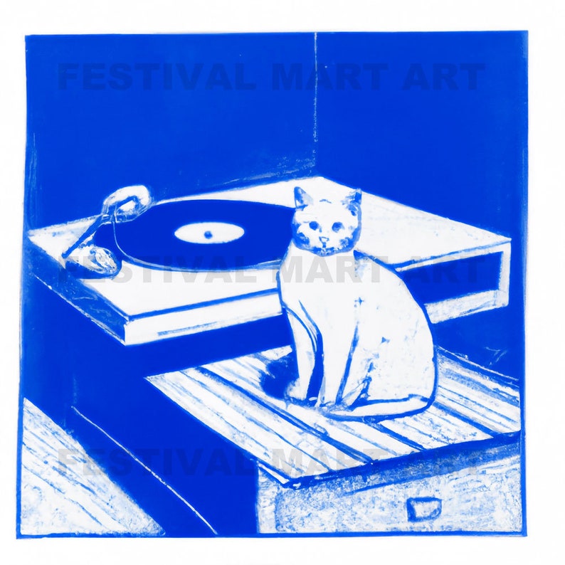 May include: A white cat sits on a wooden box next to a vintage record player with a black vinyl record on the turntable. The background is a solid blue color.