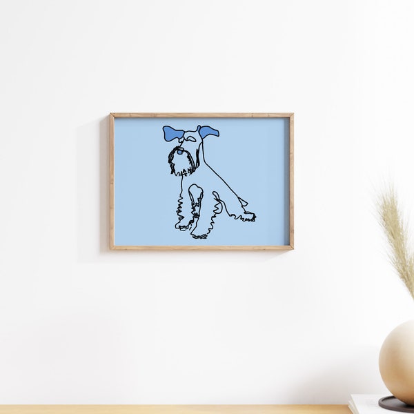 Miniature Schnauzer, Blue Art Print, Minimal Style, Horizontal, Instant Download, Digital Print, Doodle Illustration, Dog Art