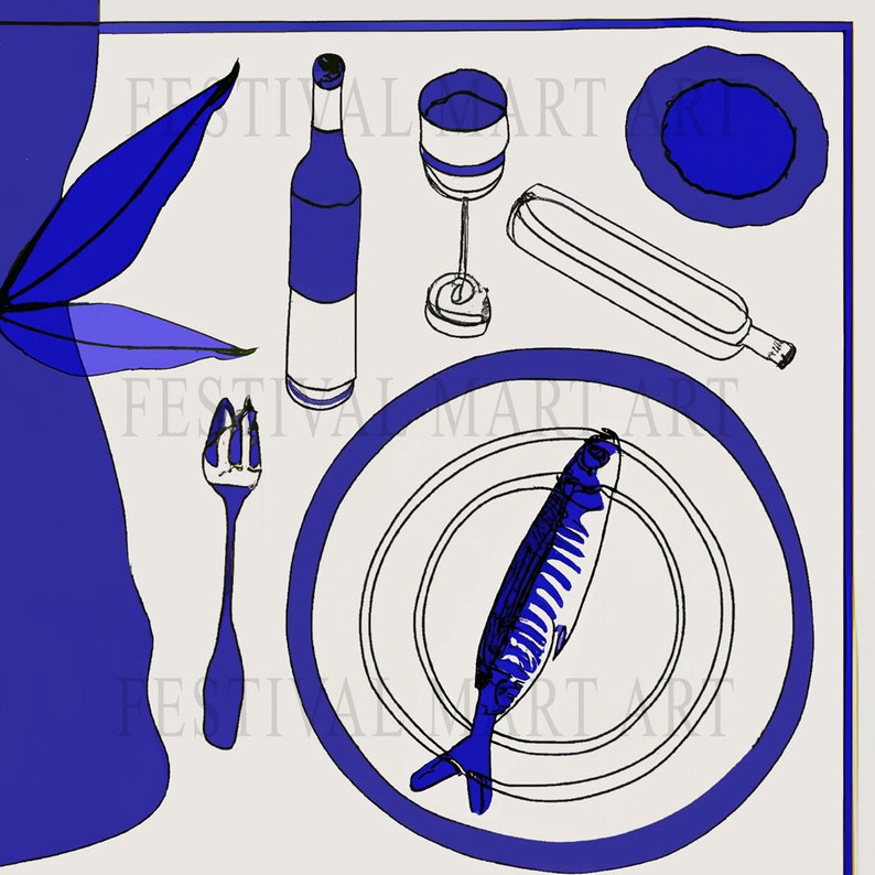 May include: A blue and white illustration of a table setting with a wine glass, bottle, fork, plate, and a fish. The plate has concentric circles and the fish is stylized with blue and white stripes.