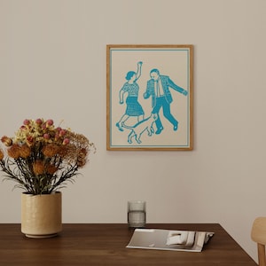 Two Dancers and a Cat in Blue Risograph, PRINTABLE, Retro Wall Art, Cat Print, Dancer Poster, Contemporary Room Decor