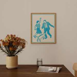 Two Dancers and a Cat in Blue Risograph, PRINTABLE, Retro Wall Art, Cat Print, Dancer Poster, Contemporary Room Decor