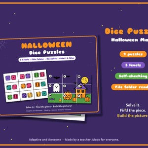Könnte beinhalten: Ein Halloween Dice Puzzles Mathe-Aktivitätsset mit 9 Puzzles in 3 Schwierigkeitsstufen. Die violette Anzeige zeigt ein Raster aus bunten Würfeln und ein fertiges Puzzle mit Geist, Kürbis und Haus. Text: "Halloween Dice Puzzles", "Self-checking", "File folder ready".