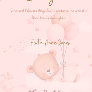 Electronic baby girl announcement | Pink with teddy bear balloons | Clouds.