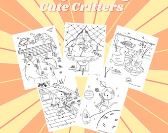 May include: Five black and white coloring pages featuring cute animals. The pages include a turtle, a dolphin, two bears, a duck, a cat, and a turtle. The pages are titled "Cozy Coloring Cute Critters".