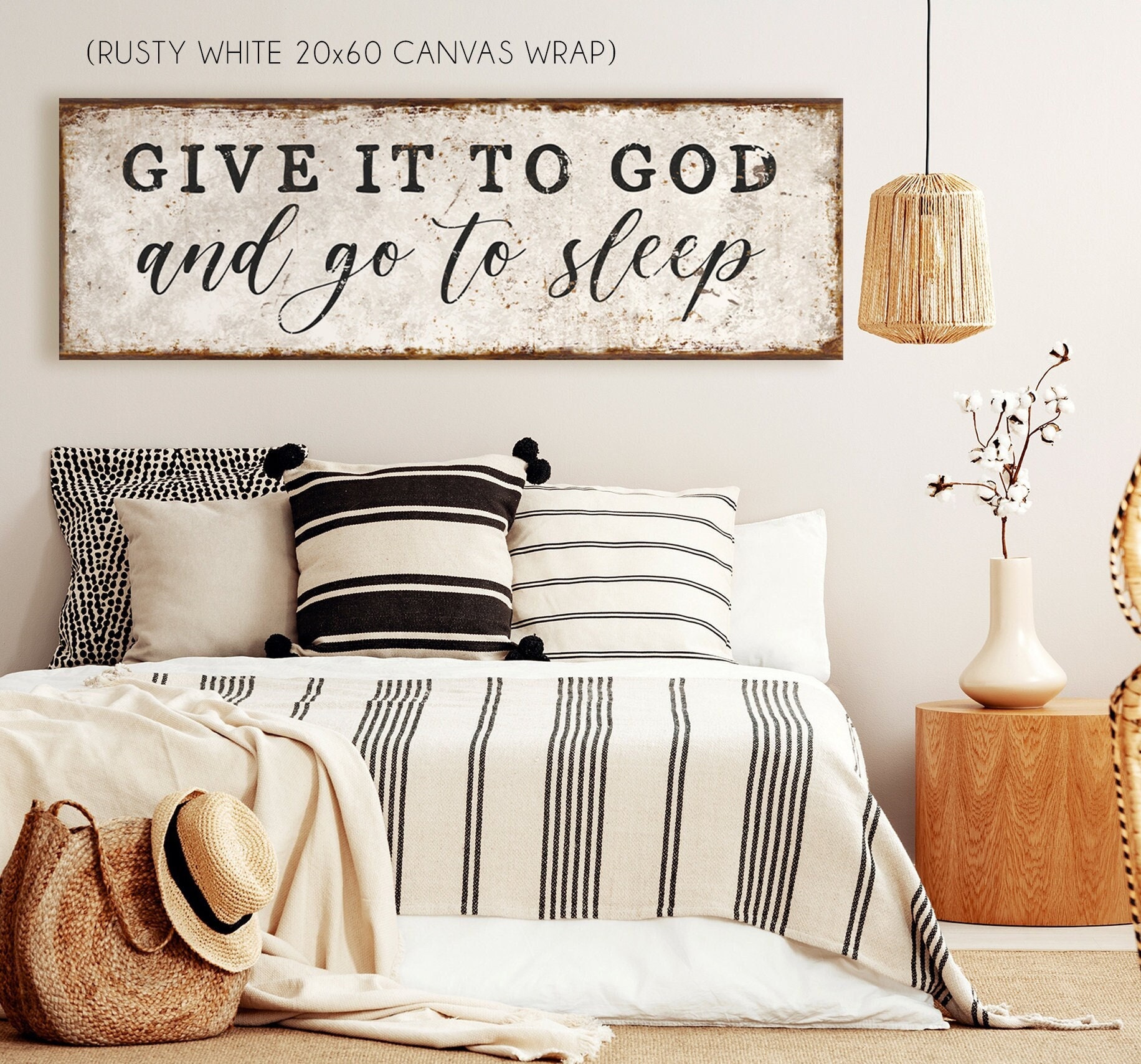 Letrero "Dáselo a Dios y vete a dormir" para colocar sobre la cama, decoración de pared para dormitorio, decoración de pared de granja vintage, letreros de madera y metal con lienzo rústico