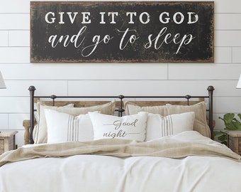 Give It To God And Go To Sleep Sign for Above Bed, Bedroom Wall Art Decor, Vintage Farmhouse Wall Decor, Rustic Canvas Metal Wood Signs