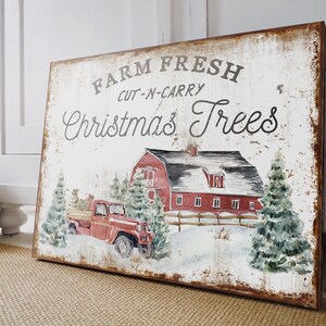 Farm Fresh Christmas Trees Sign: Rustic Red Truck Holiday Decor